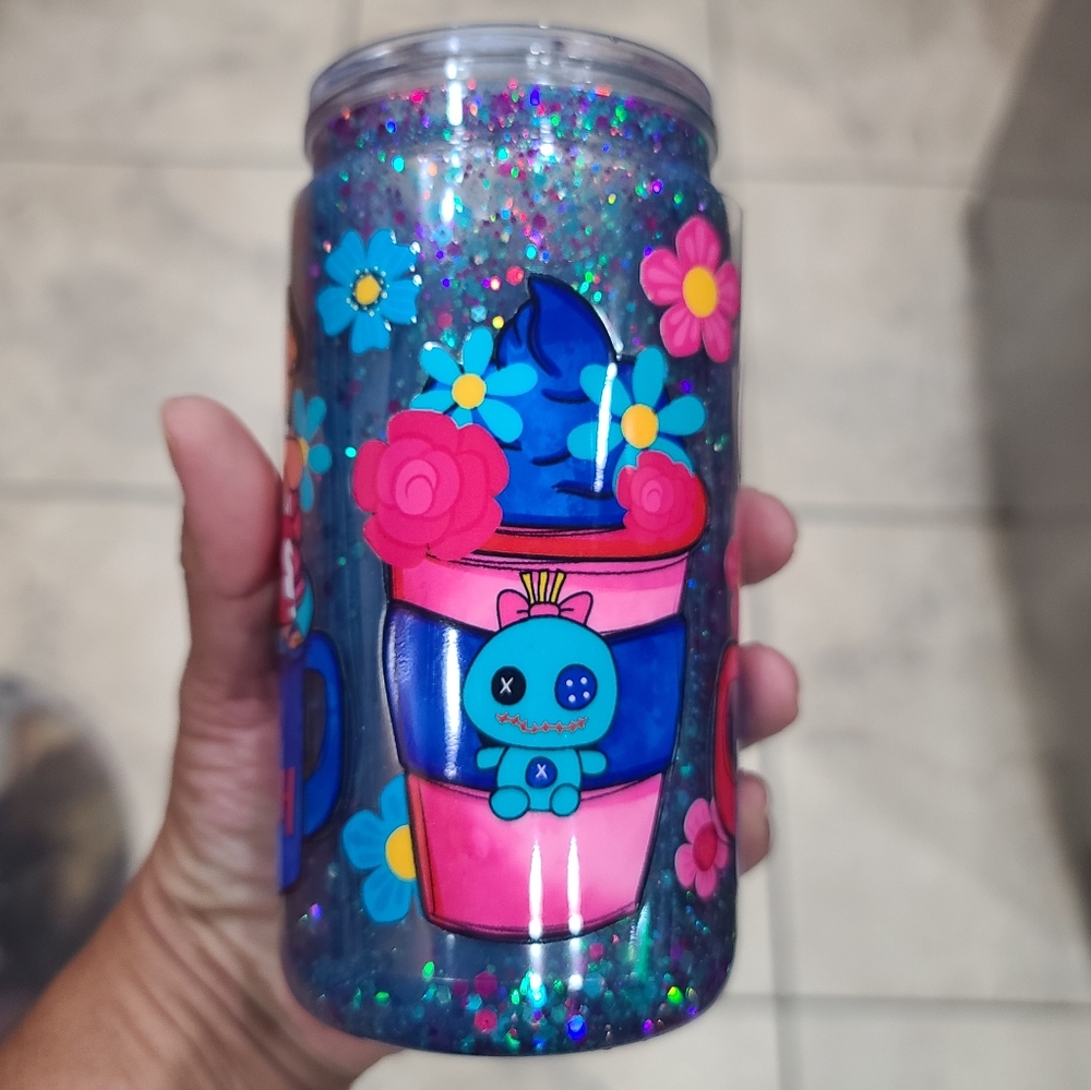 Snow globe Glitter 16oz acrylic cup with lid and straw